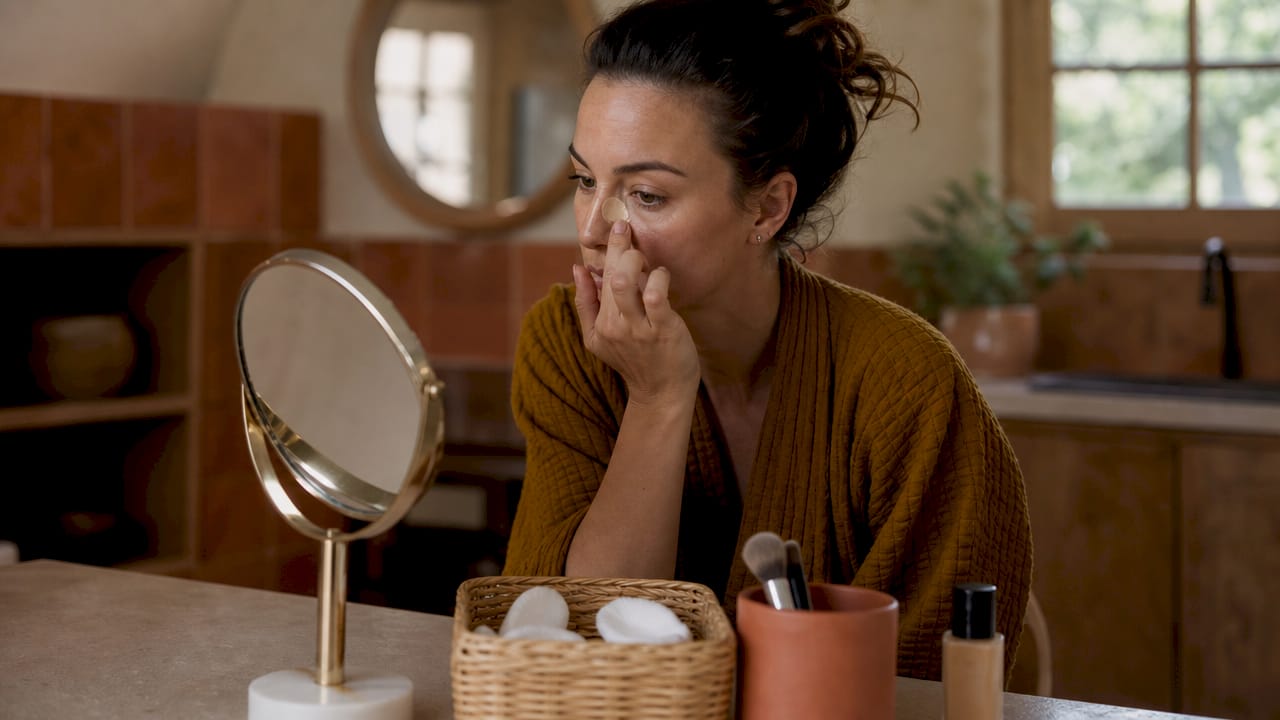 Hands blending fluid foundation on face