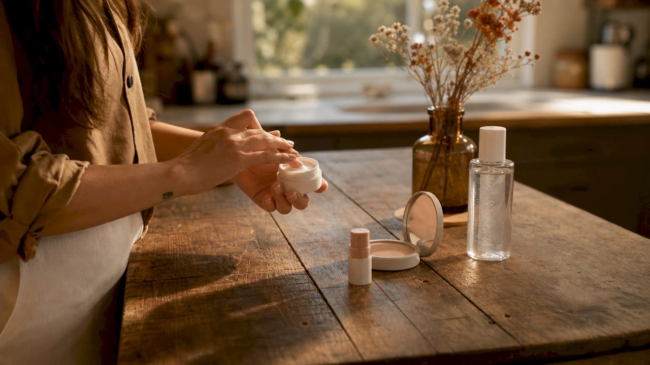 Curated essential beauty products flat lay