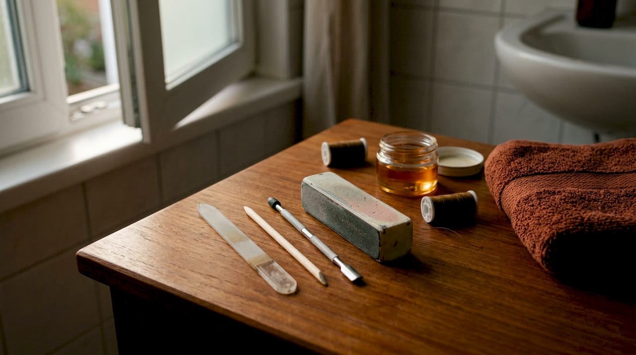 Close-up of nail care tools on linen surface