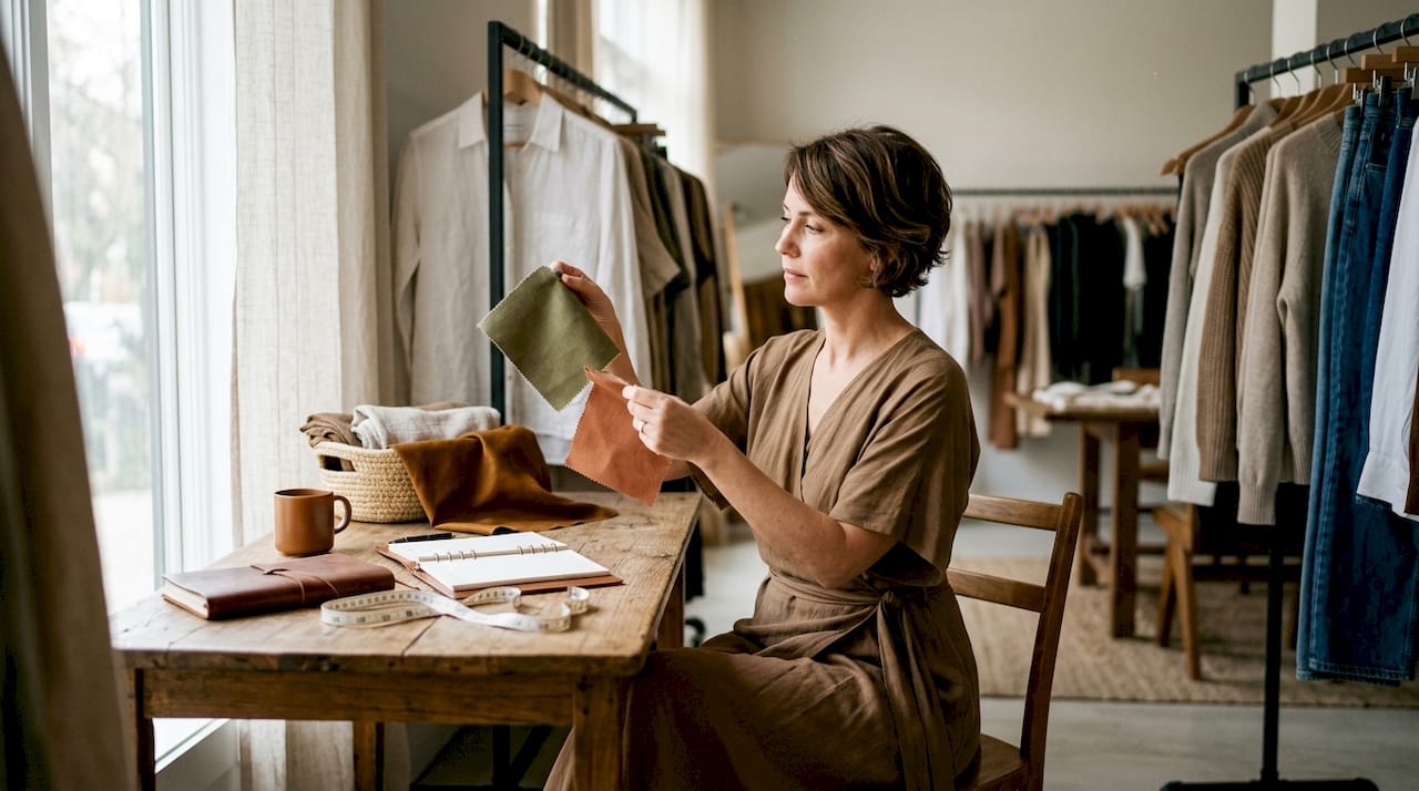 Fashion consultant comparing textures in boutique