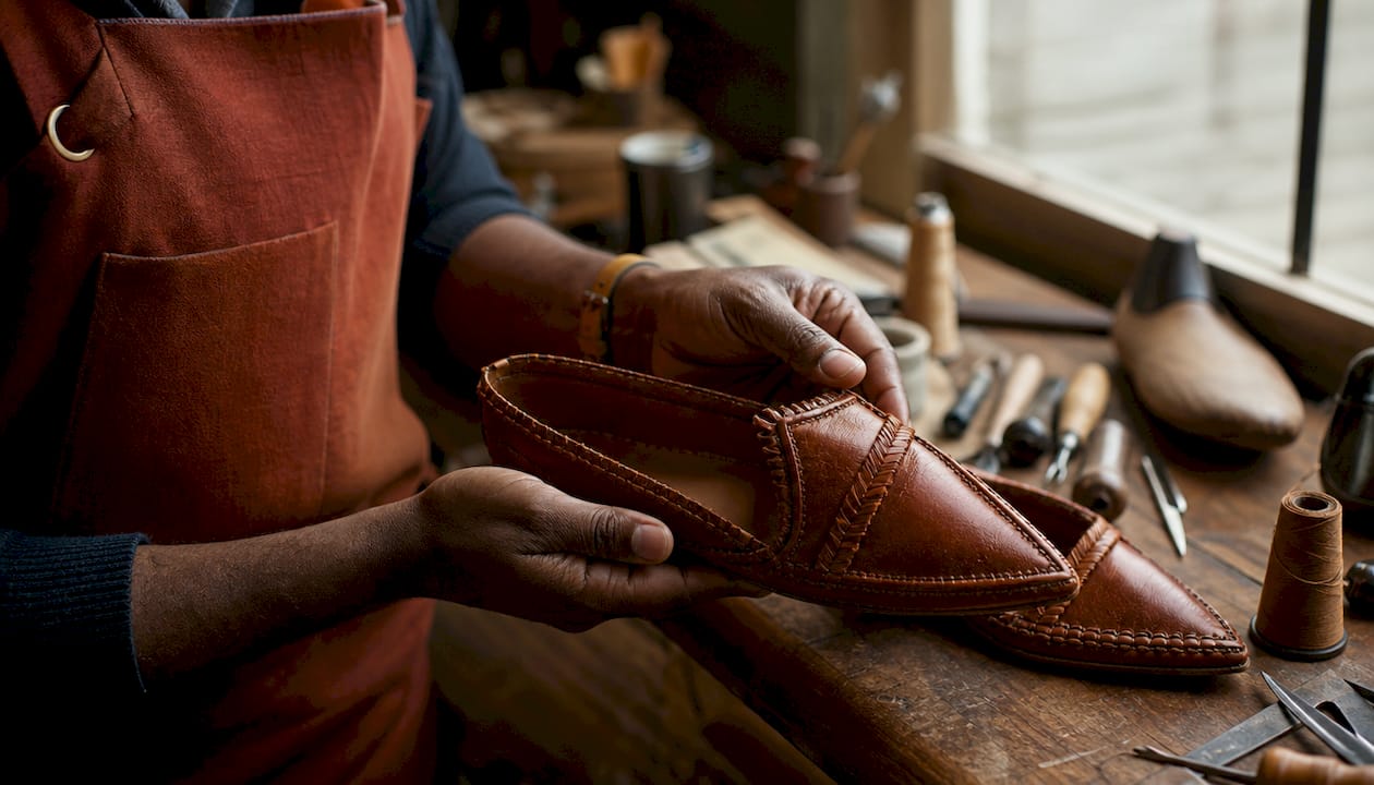 Close-up of hands inspecting bold crafted shoes