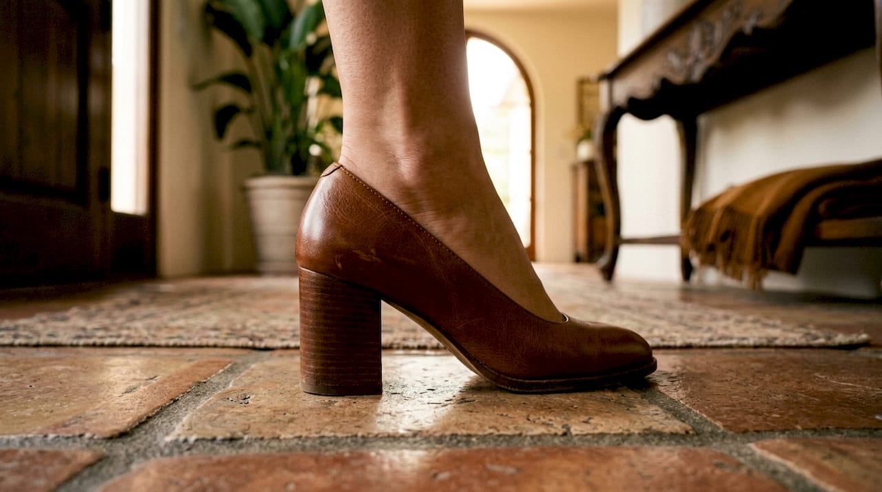 Close-up of foot wearing tan block heel on wooden floor