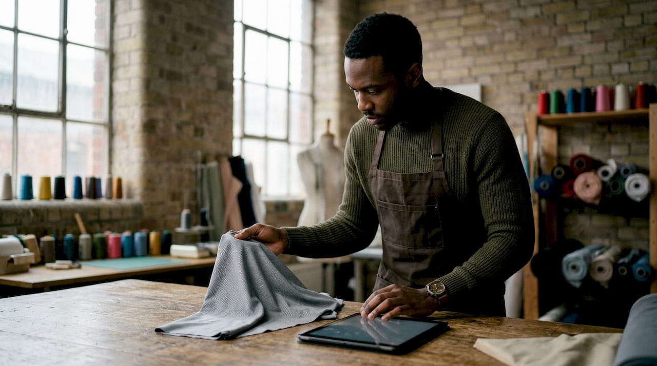 Hands examining activewear fabric samples on table