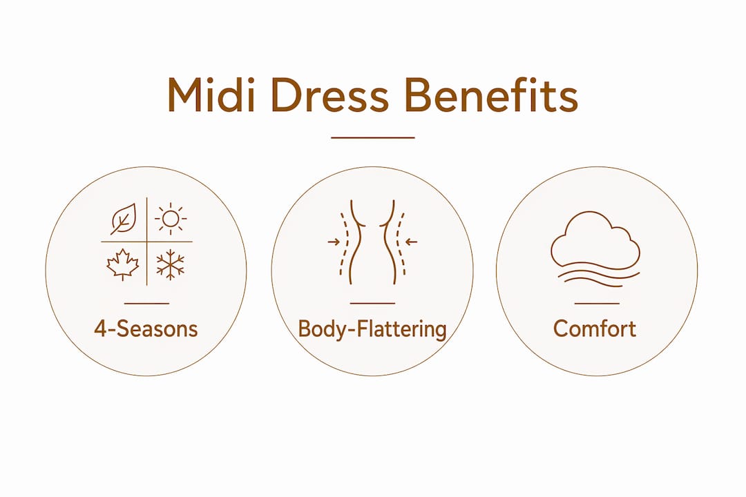 Infographic highlighting midi dress benefits