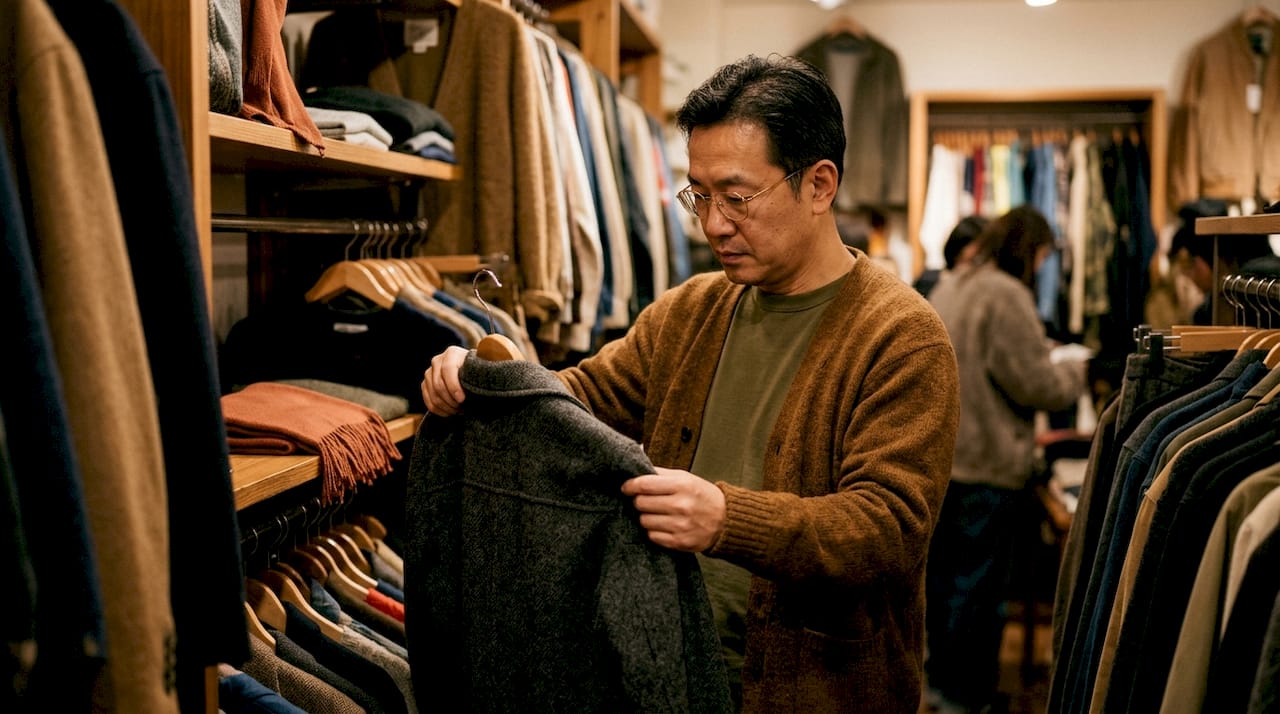 Man inspecting pre-loved woolen jacket in store