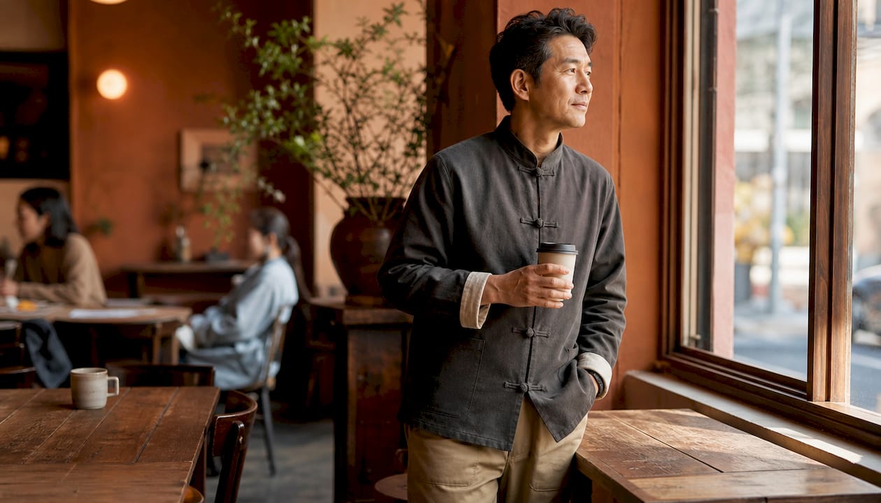 Man wearing Tang jacket with modern jeans outdoors