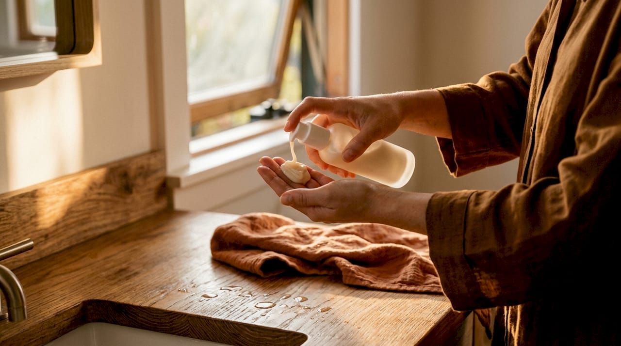 Close-up of hands pouring gentle cleanser in bathroom