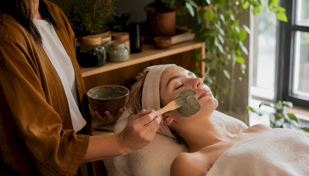 Applying clay mask in skincare clinic