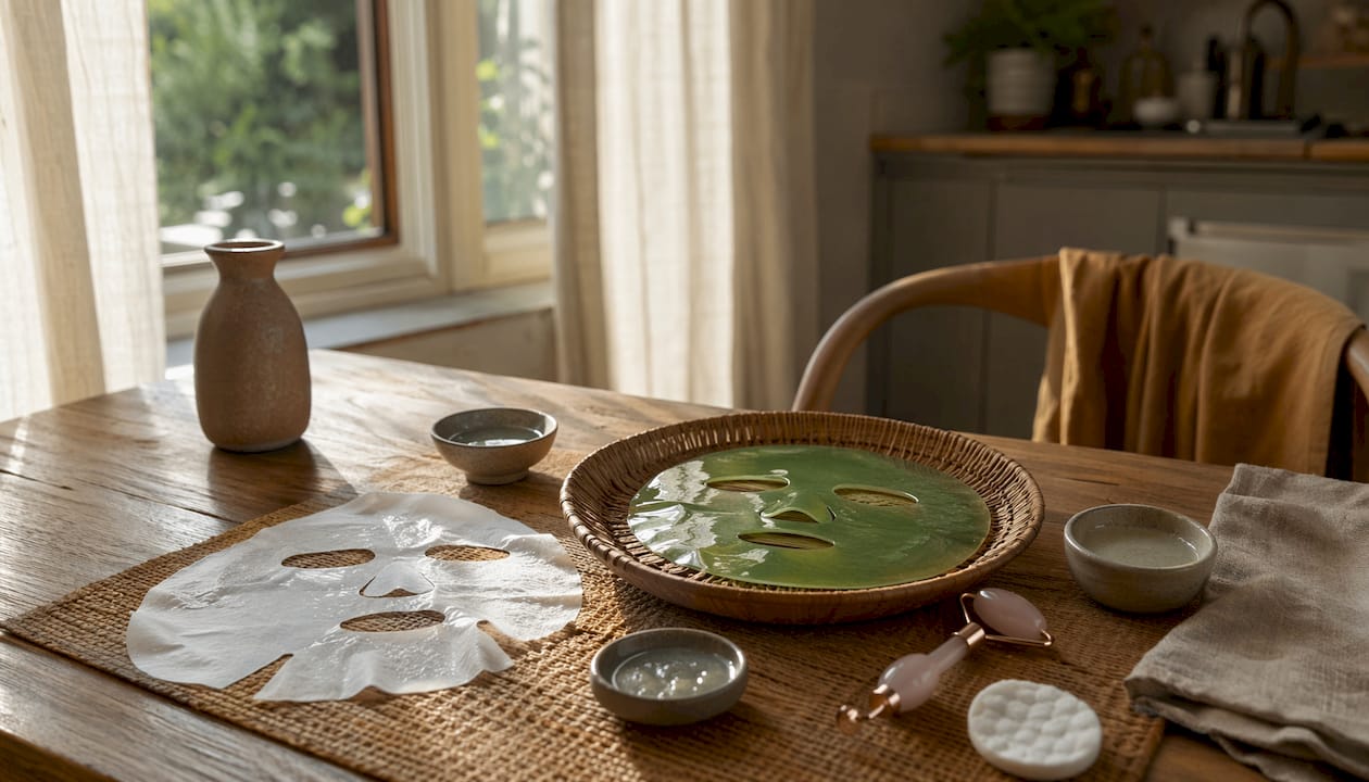 Sheet and hydrogel facial masks on table