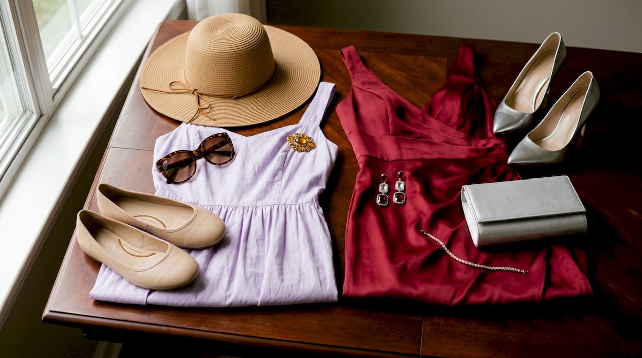Flat lay of daytime and evening occasion wear outfits