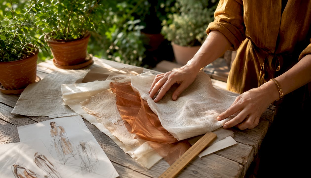 Hands arranging lightweight resort wear fabrics