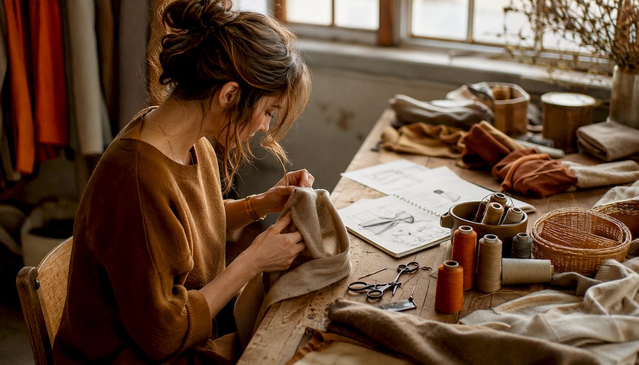 Hands embroidering monogram on wool garment