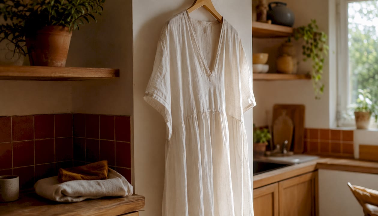 Cotton nap dress hanging in minimalist wardrobe