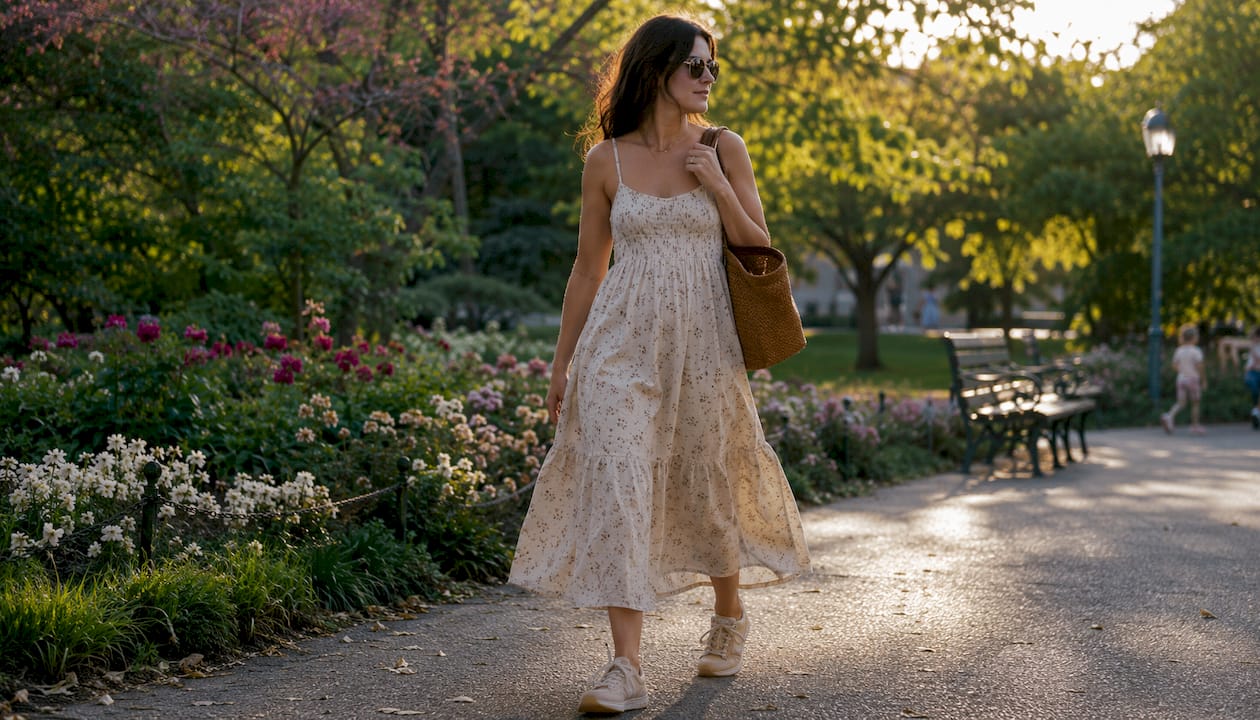 Woman wearing nap dress with sneakers and woven tote outdoors