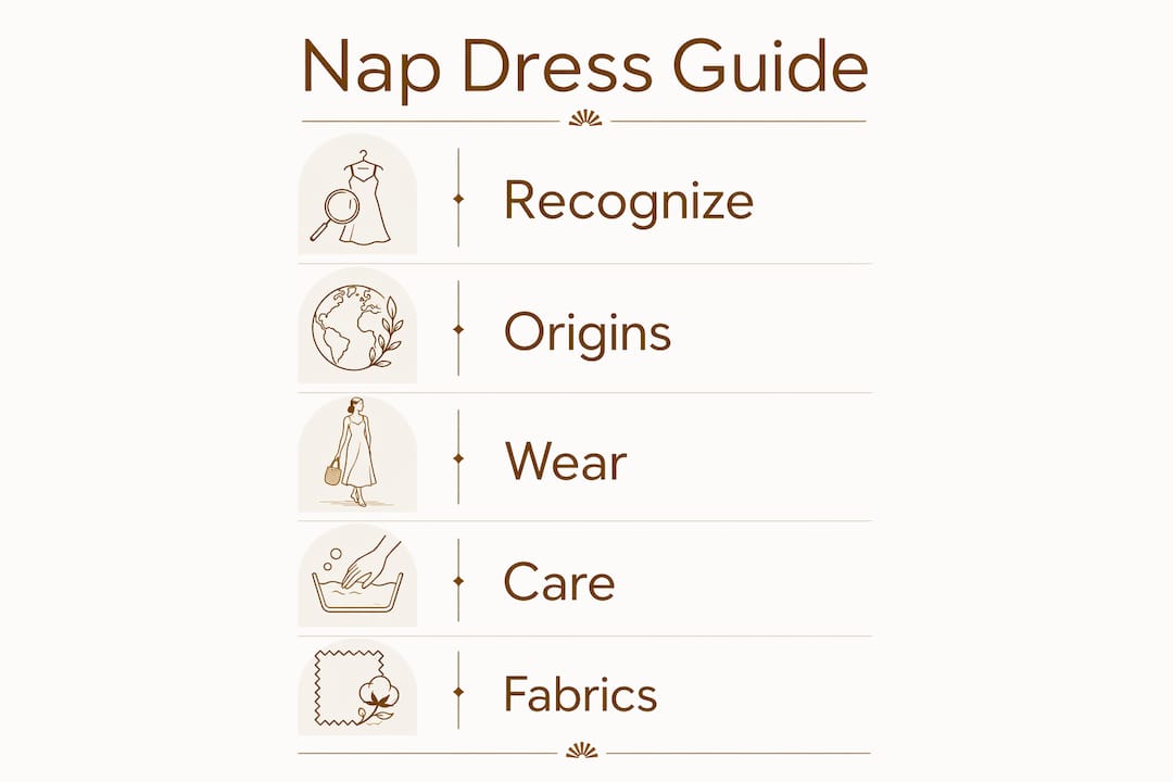 Infographic showing nap dress style and care steps
