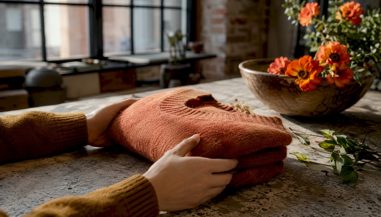 Hands feeling fabric texture in natural light