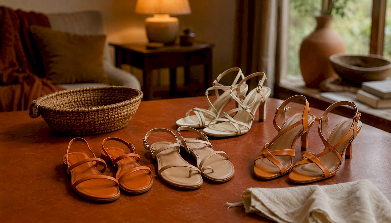 Top view of various strappy sandal styles