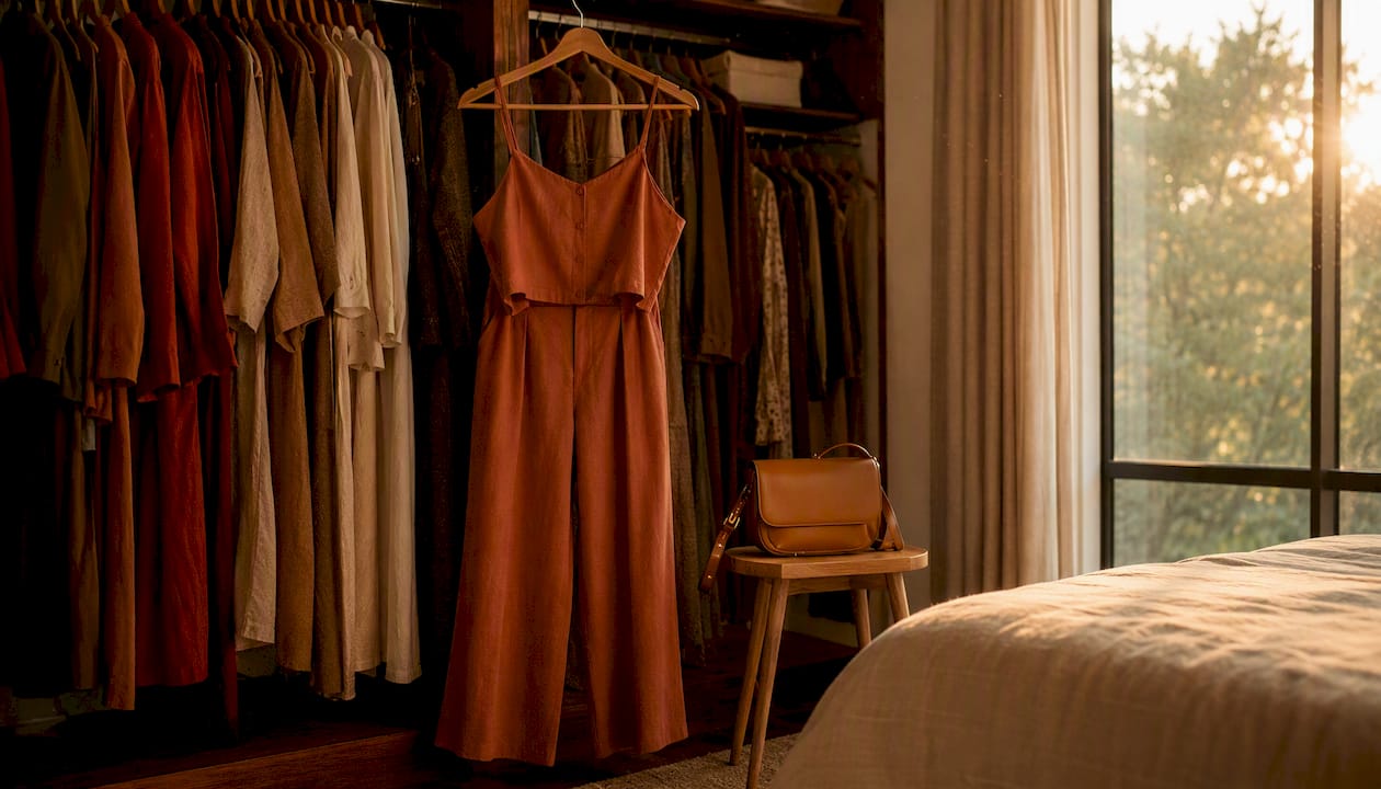 Closet with camel knit co-ord set hanging neatly