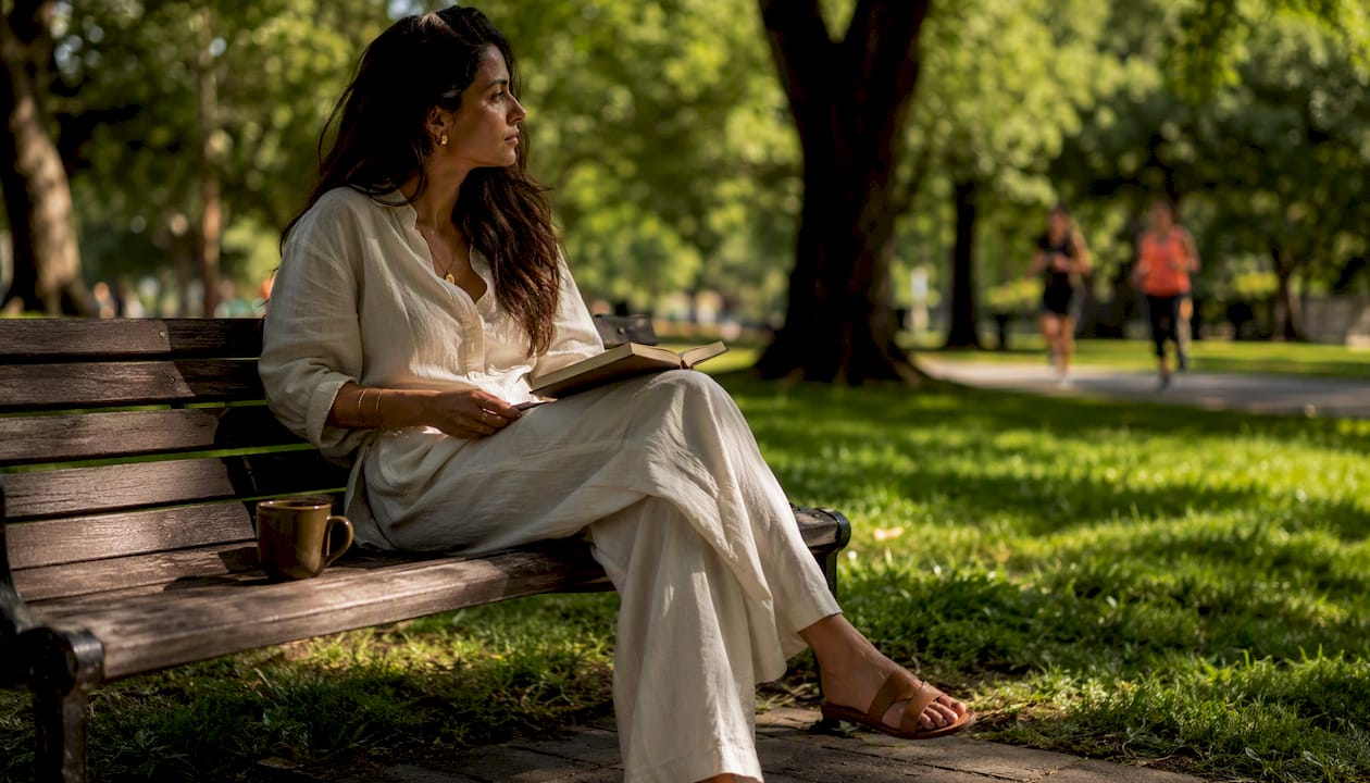 Woman wearing linen trouser co-ord at outdoor cafe