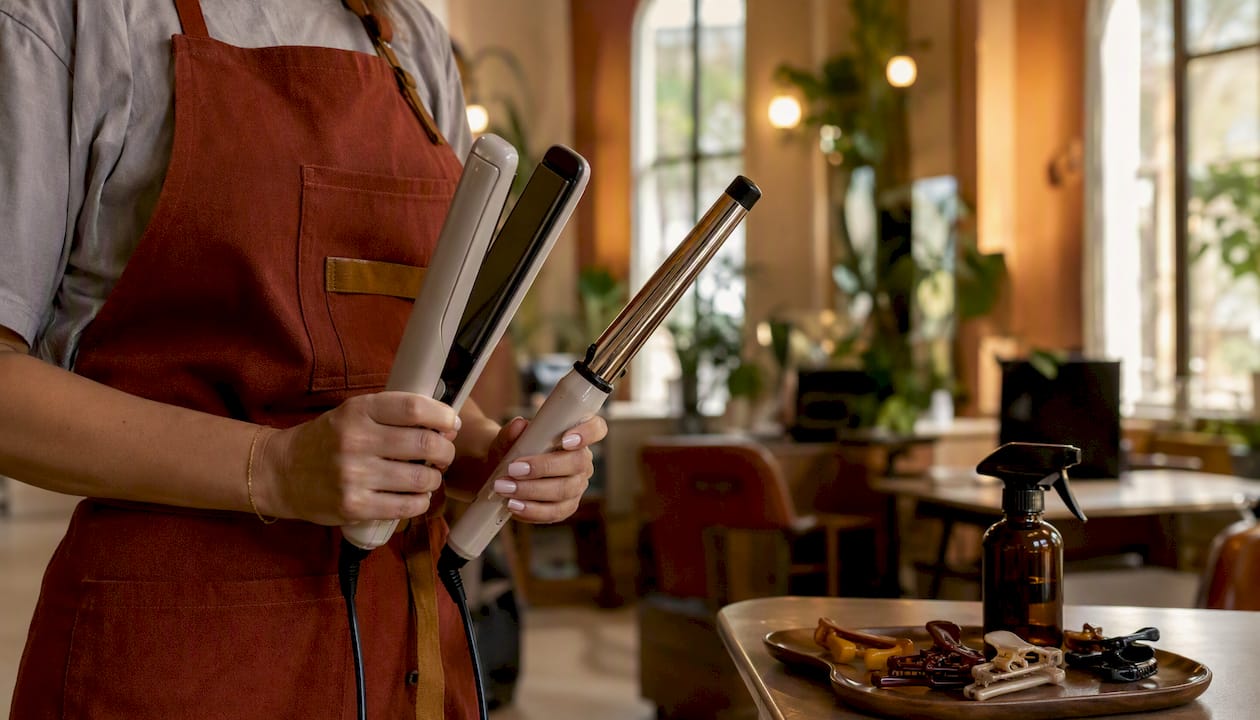 Hairstylist holding ceramic and titanium hair tools