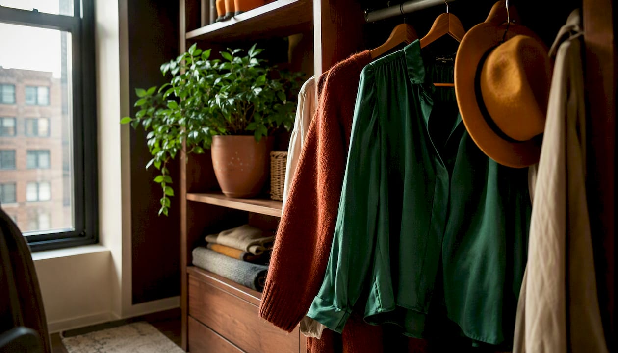 Close-up of colorful textured clothes in wardrobe