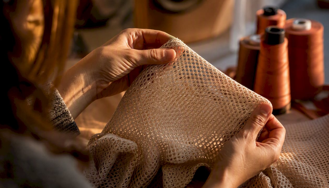 Hands stretching knitted mesh fabric sample