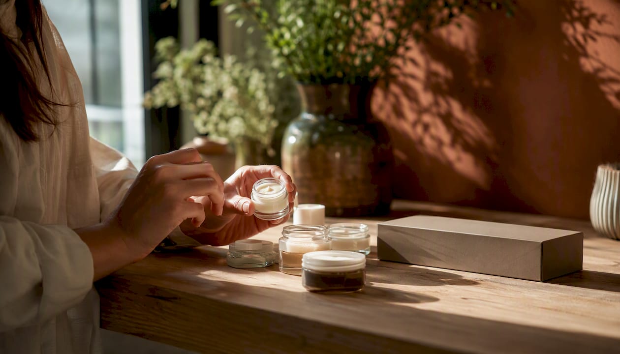 Hands choosing from skincare product samples