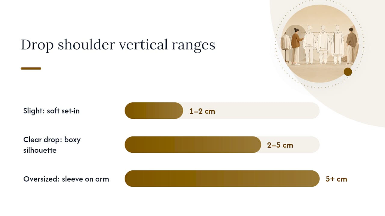 Diagram of drop shoulder categories with drop measurements and silhouettes