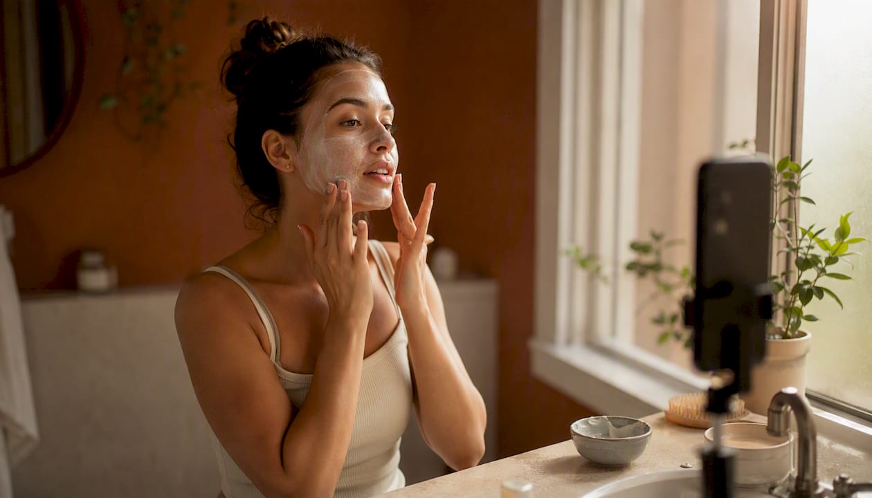 Woman applying face mask in bathroom at home