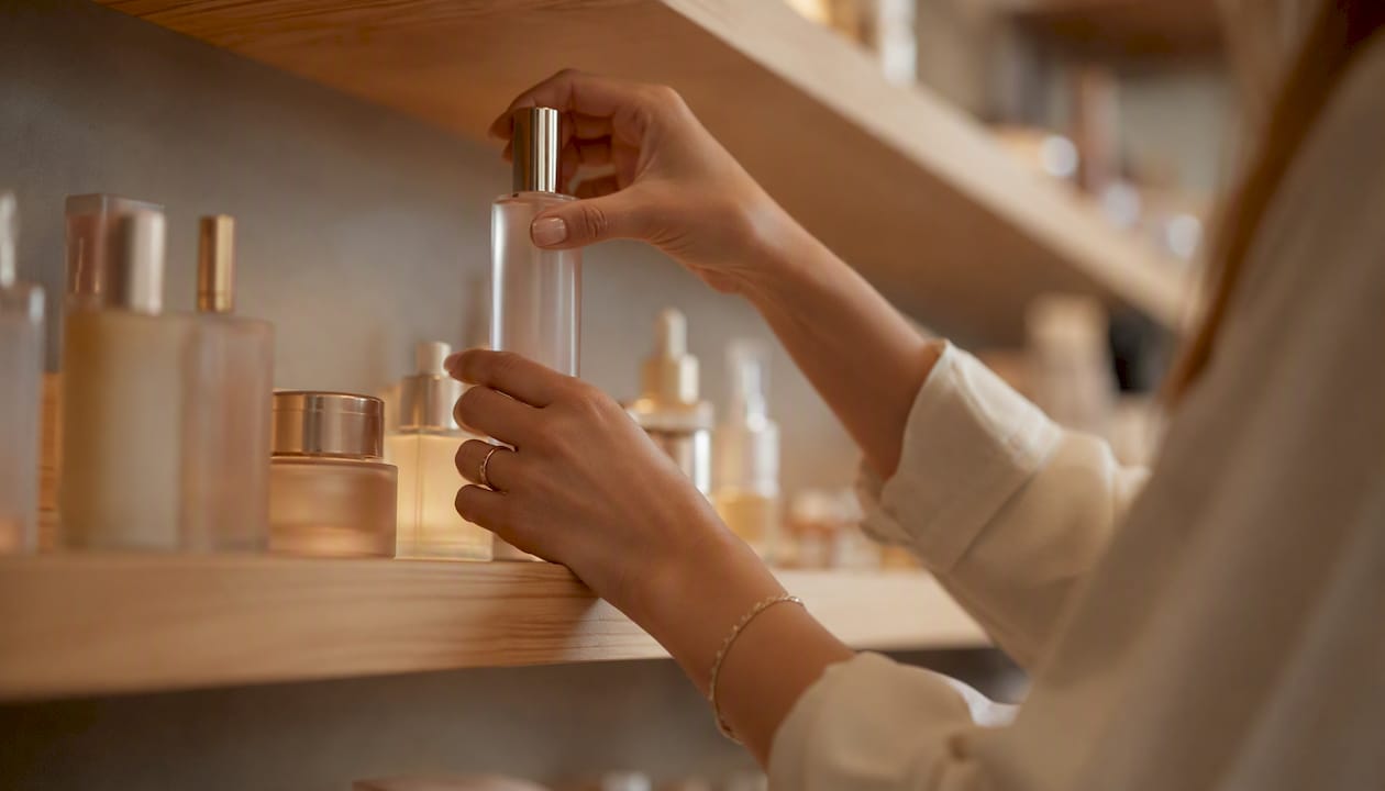 Hands presenting curated skincare product in boutique
