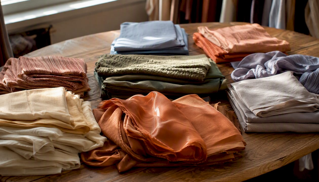 Close-up of warm and cool colour fashion fabrics