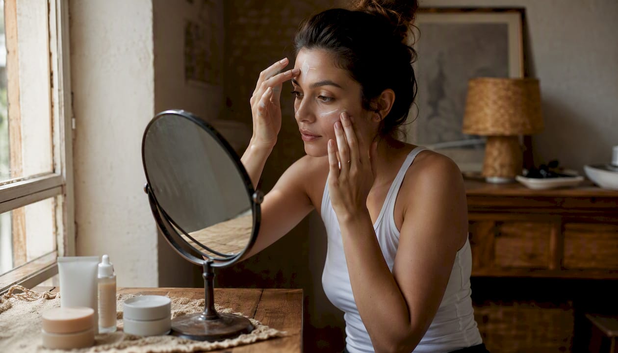 Woman applying mattifying and hydrating primer