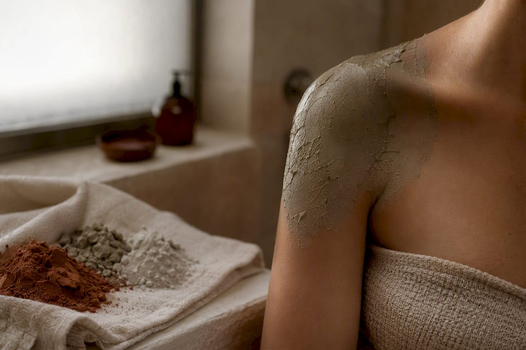 Porous clay mask drying on skin surface
