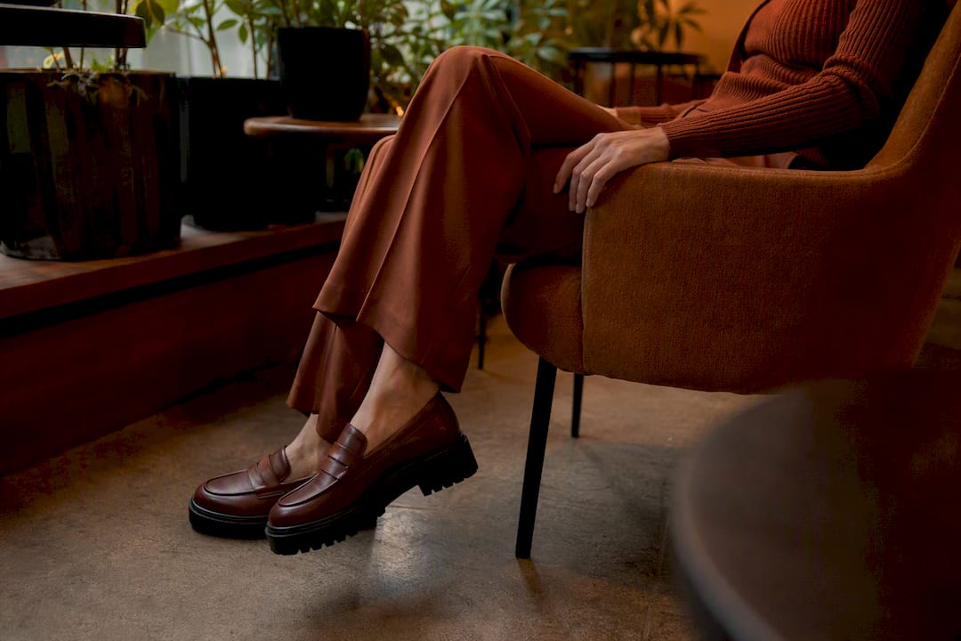 Chunky loafers with knit set on park bench