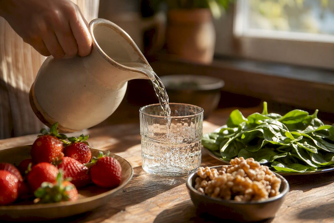 Glass of water poured next to healthy foods