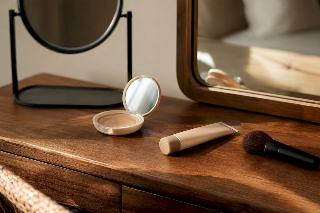 Lightweight makeup products displayed on vanity