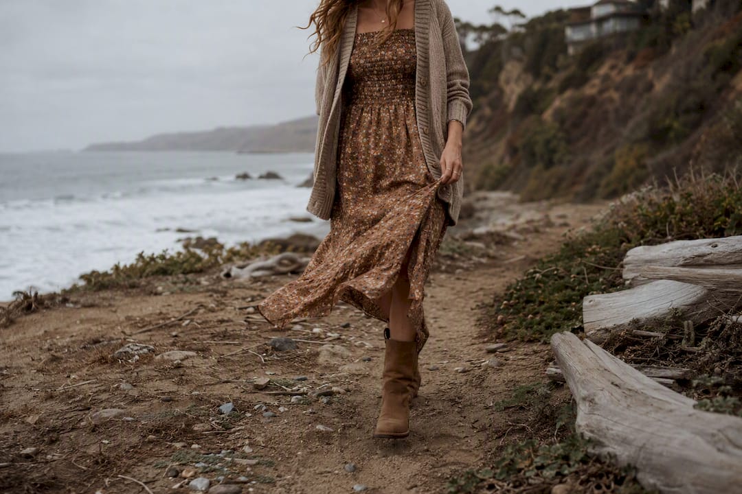 Layered fall coastal cowgirl outfit at beach