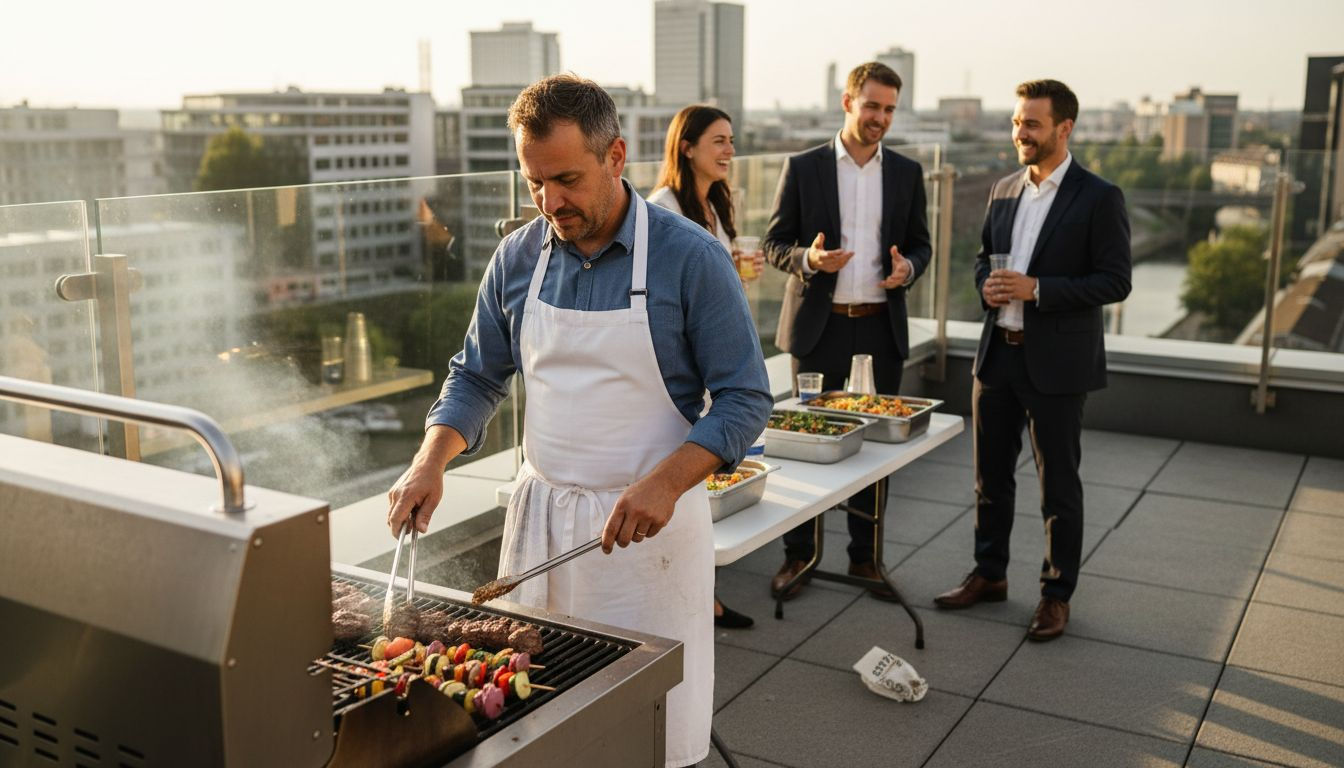 Het team geniet samen van een gezellige barbecue in de buitenlucht, compleet verzorgd door een cateraar.