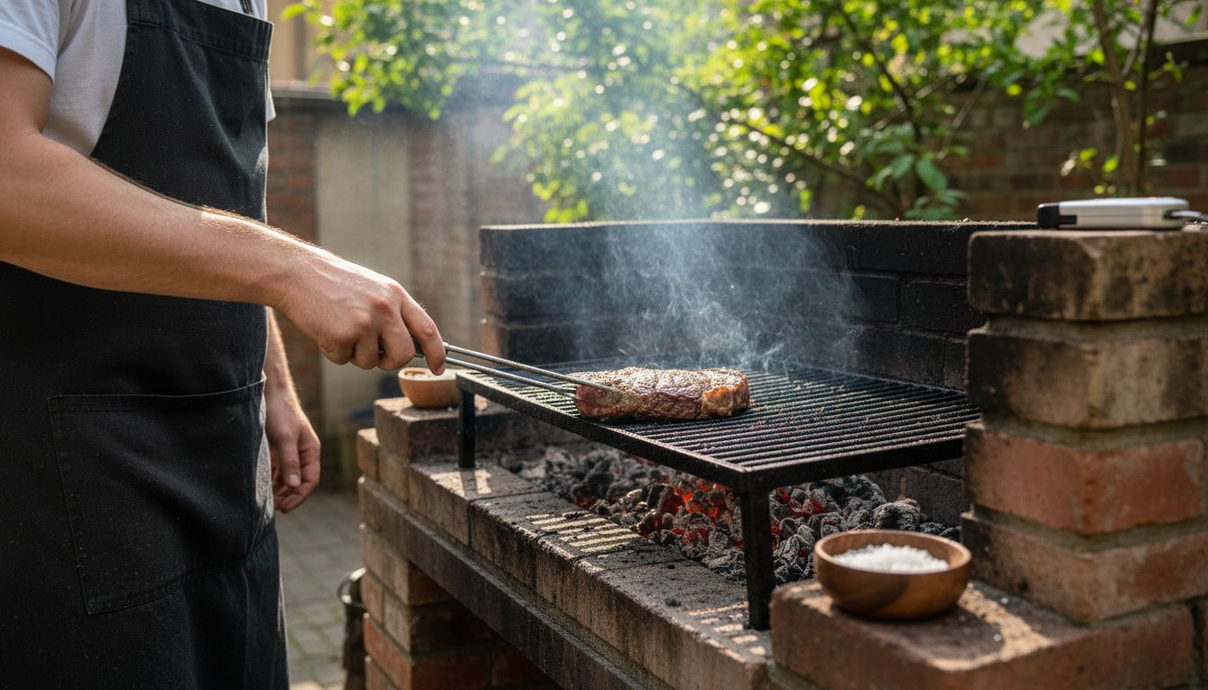 De chef legt een malse entrecote op de barbecue en geeft het vlees een heerlijke rooksmaak.