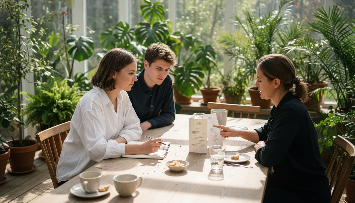 Het aanstaande bruidspaar bespreekt samen met de cateraar de verschillende mogelijkheden voor het huwelijksdiner.