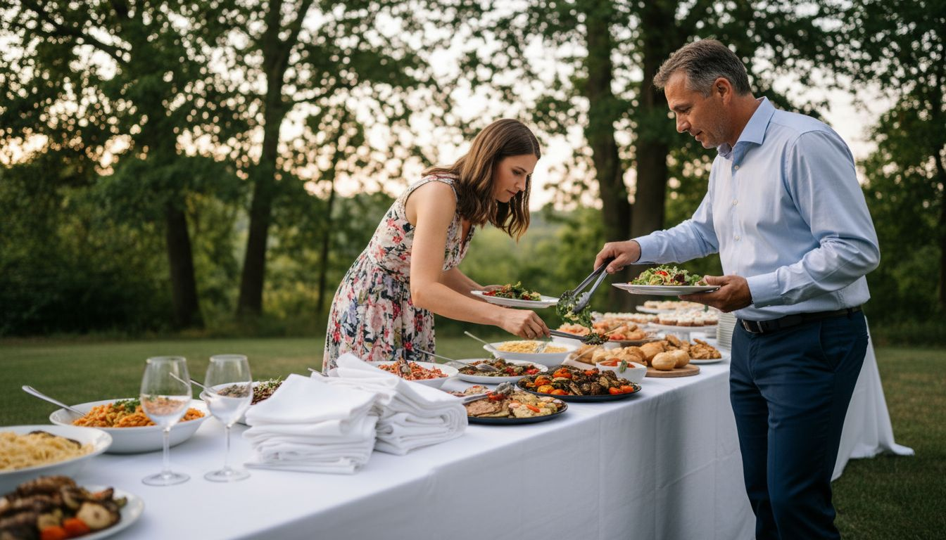 Genodigden scheppen zelf hun bord vol bij het bruiloftsbuffet.