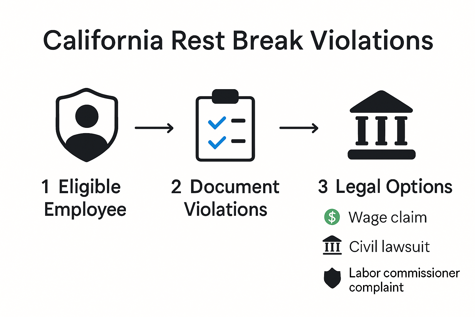 Infographic showing California rest break violation actions and remedies