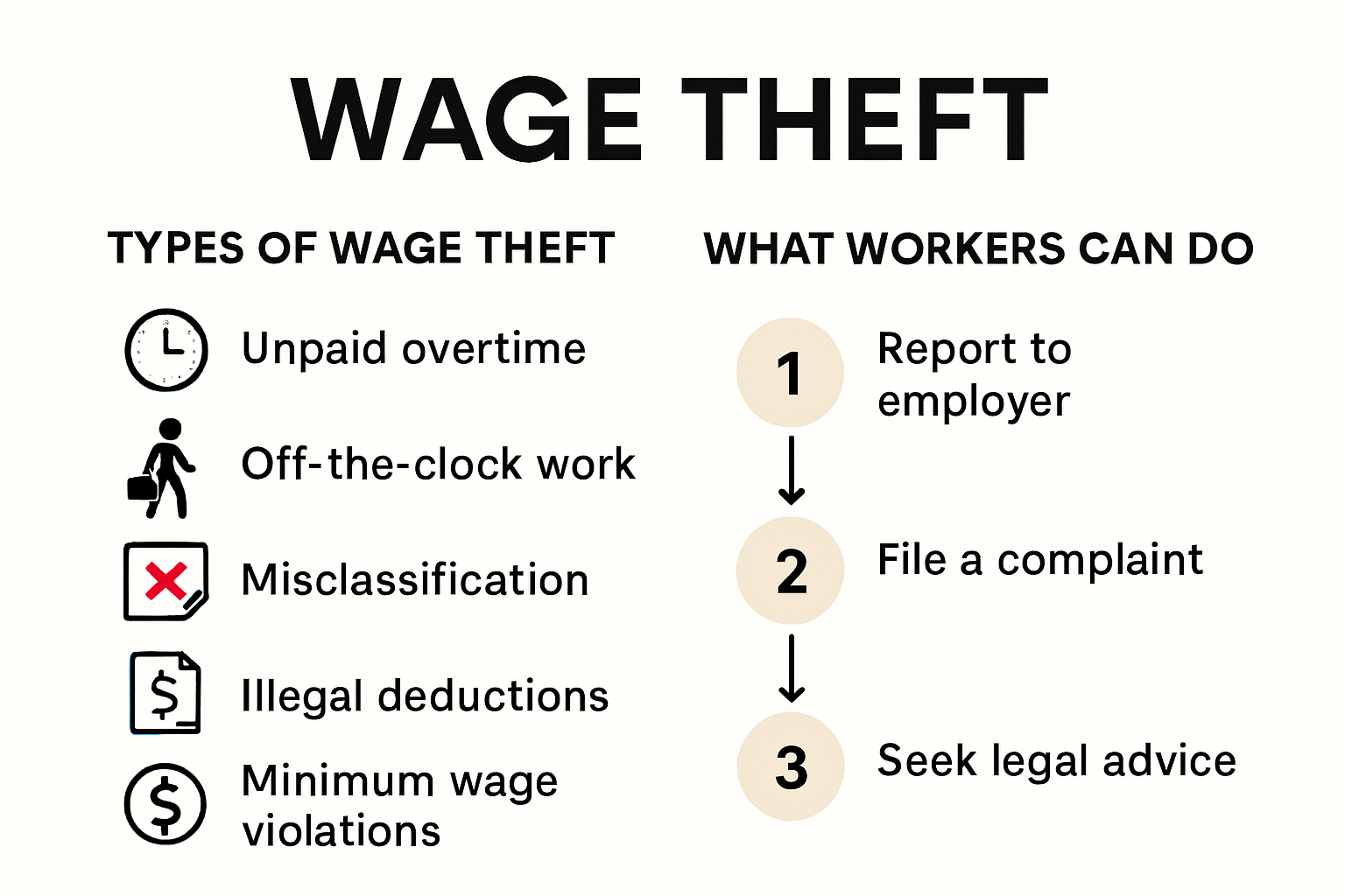 Infographic of common wage theft types and reporting process
