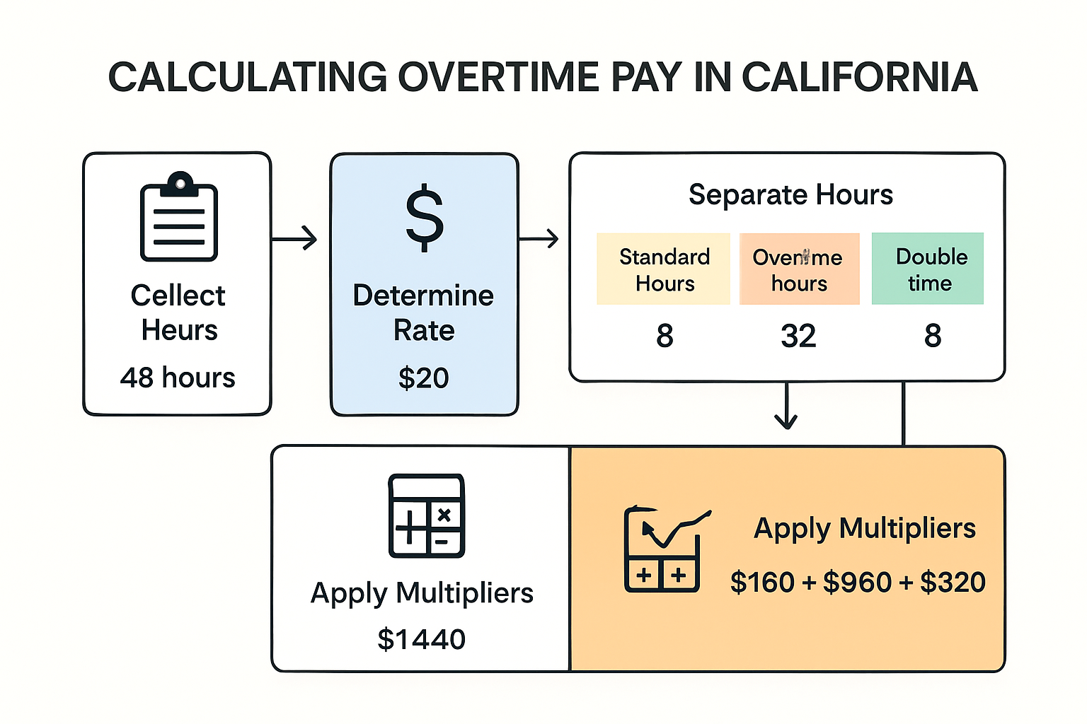 California overtime calculation step-by-step infographic with example figures