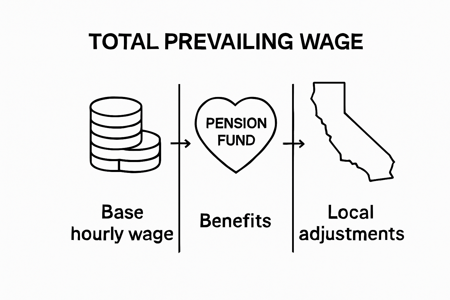 Visual breakdown of prevailing wage components: base wage, benefits, regional adjustments