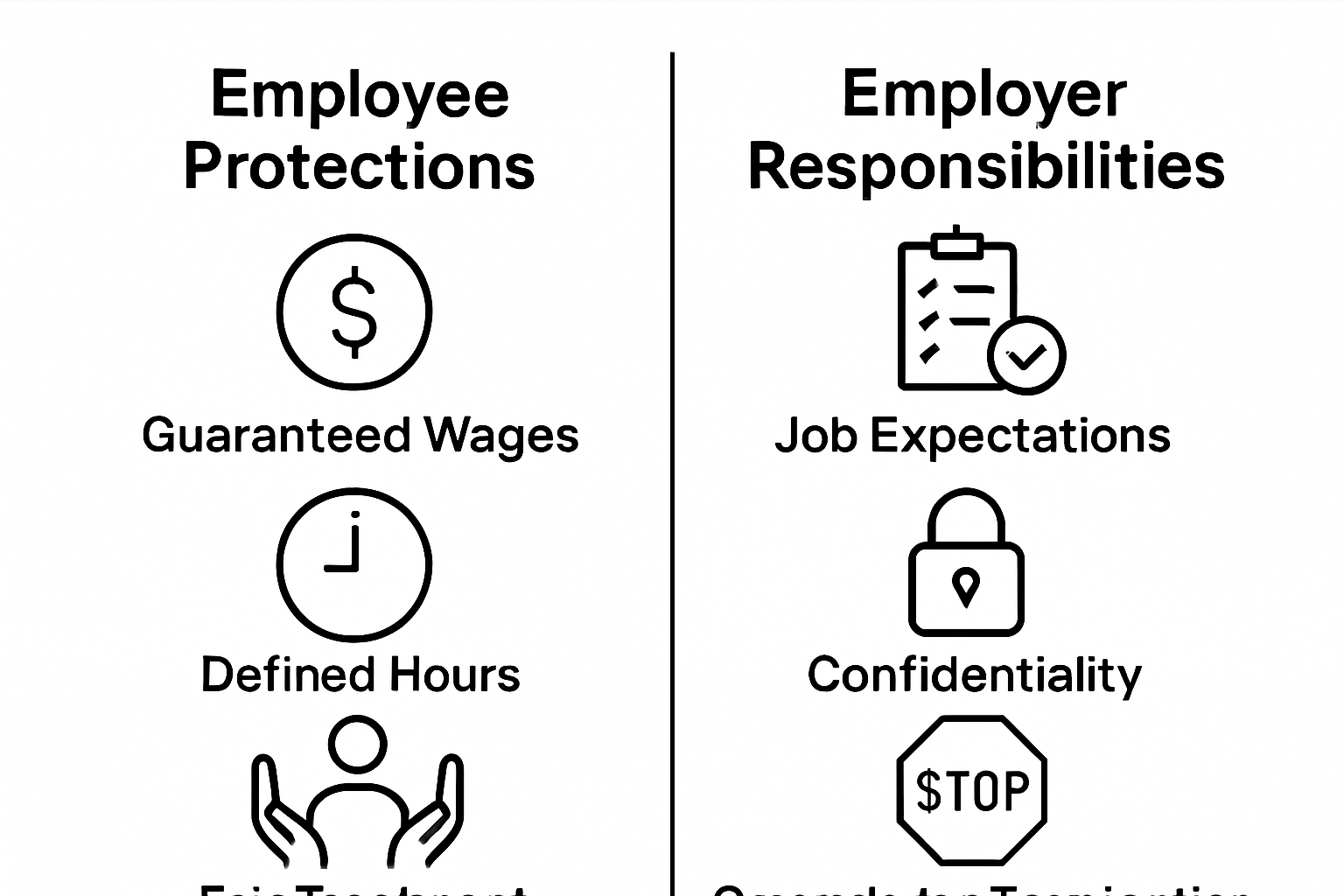 Infographic comparing employee protections vs employer responsibilities in employment contracts