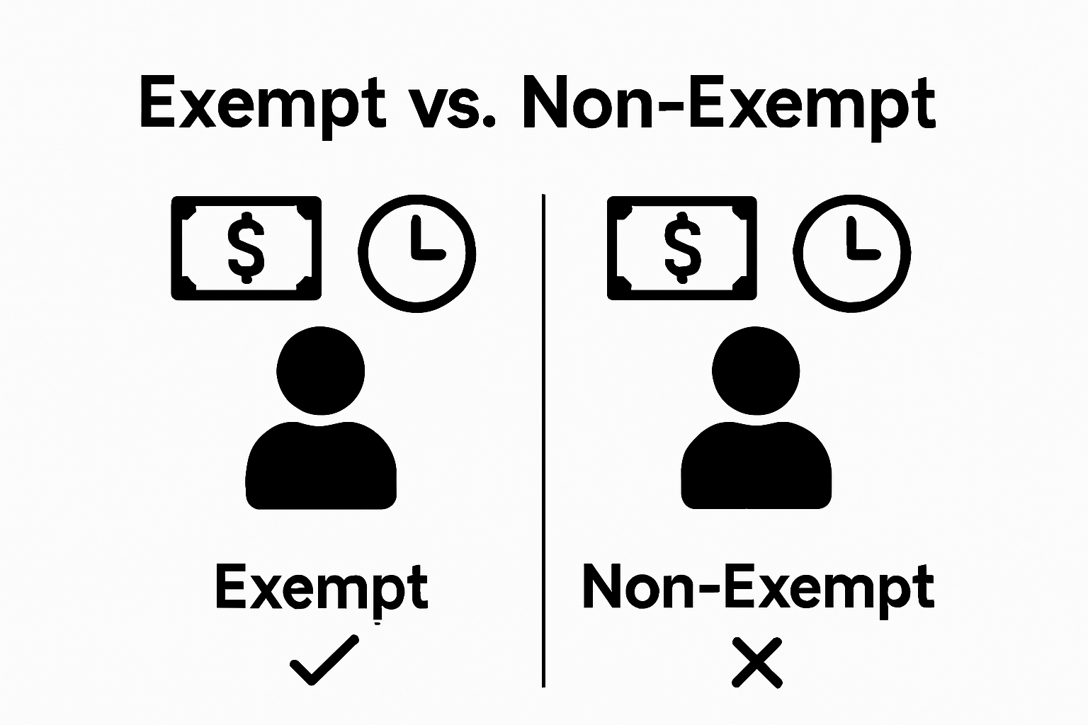 Infographic comparing exempt vs. non-exempt salaried employees and overtime eligibility