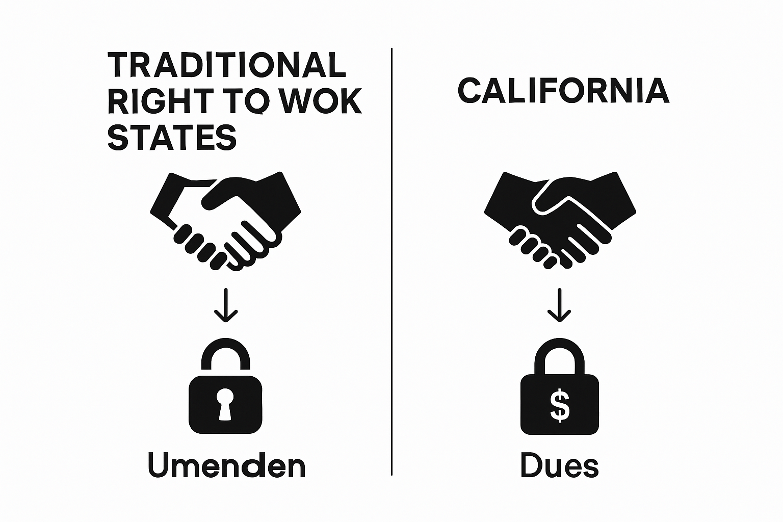 Infografía sencilla que compara las leyes de derecho al trabajo en California con las de los estados tradicionales