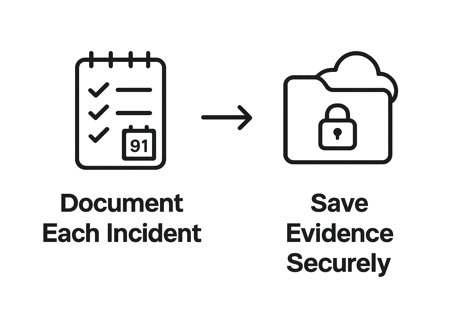 Infographic showing two steps to document workplace bullying: record incidents, store evidence securely