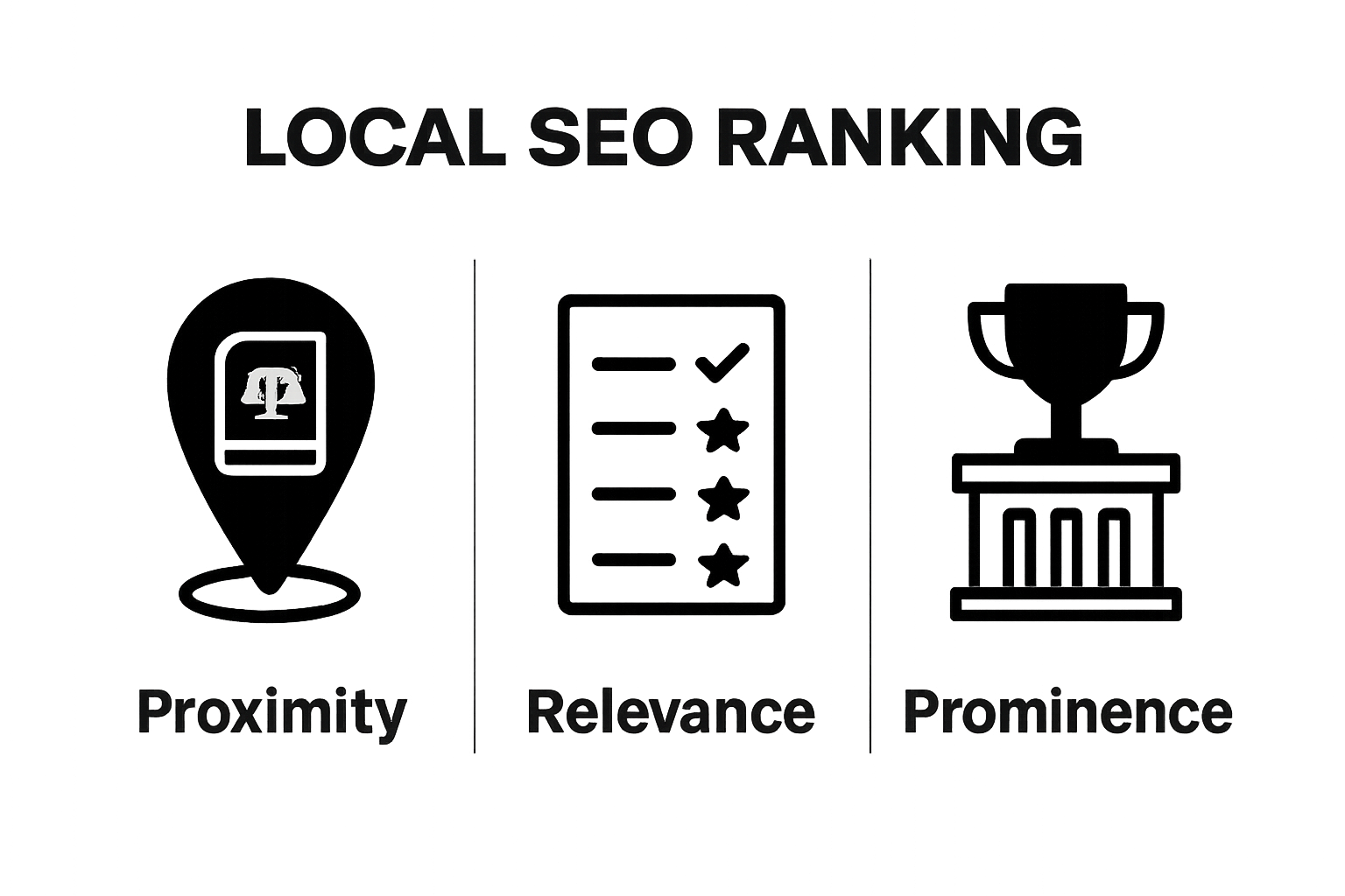 Three icons: proximity, relevance, prominence for local SEO